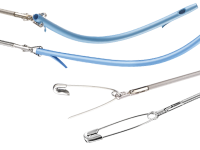 Rat tooth forceps used for endoscopic retrievals, including safety pins.