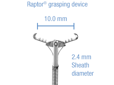 Alligator rat tooth combination grasping forceps with 10mm opening and 2.4mm sheath diameter.